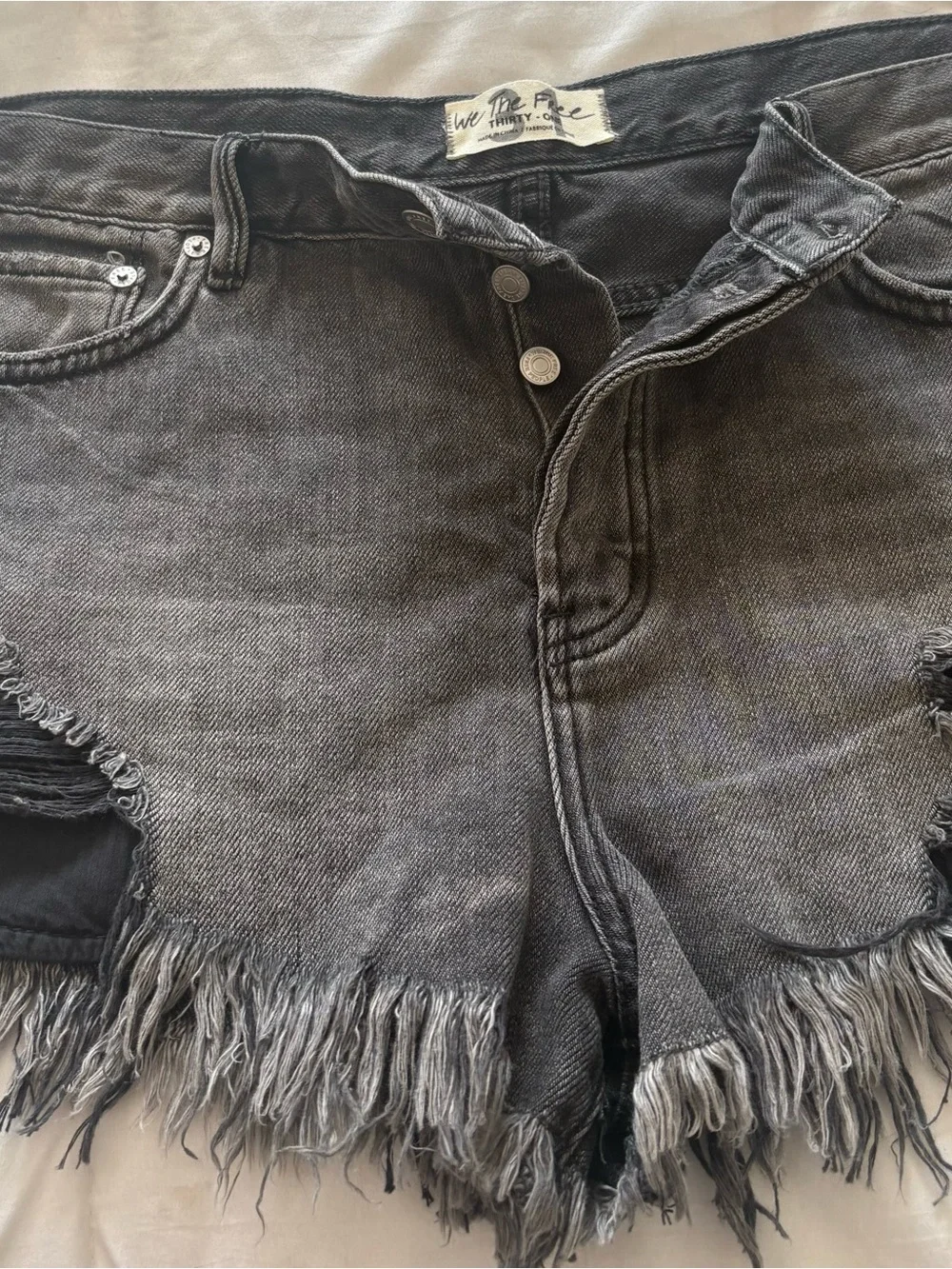 Free People Washed Black Frayed Hem Distressed Denim Shorts